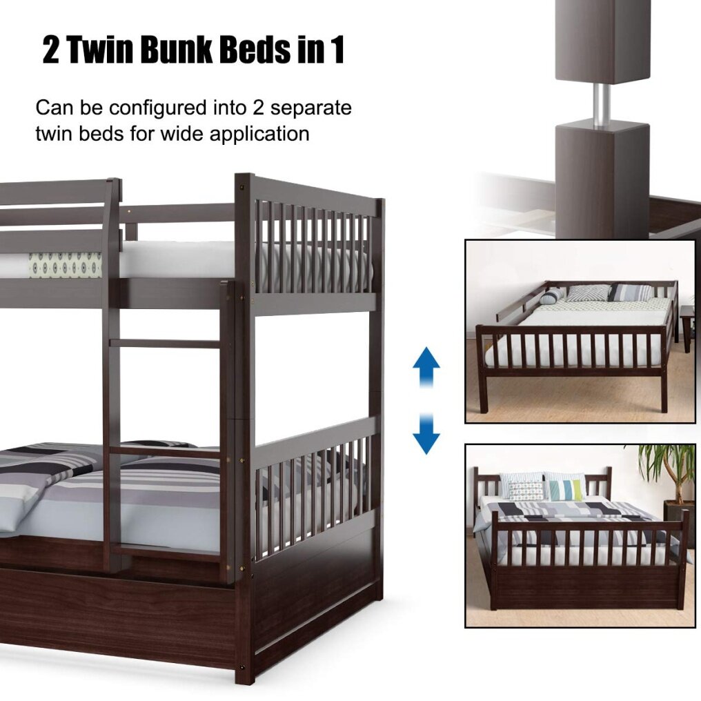 Bunk Bed with Trundle, Full Over Full Bunk Beds with Ladder, Solid Wood Trundle Bed with Rails