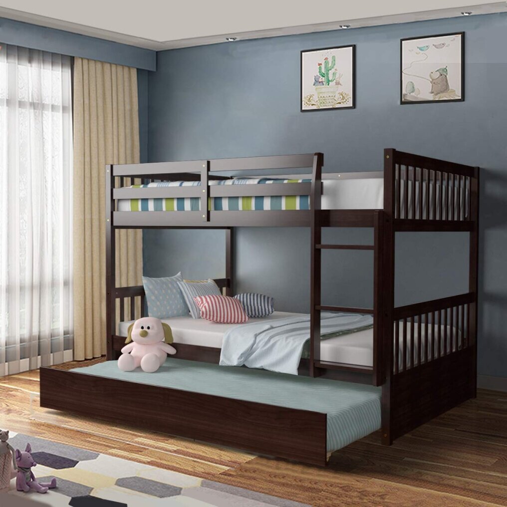 Bunk Bed with Trundle, Full Over Full Bunk Beds with Ladder, Solid Wood Trundle Bed with Rails