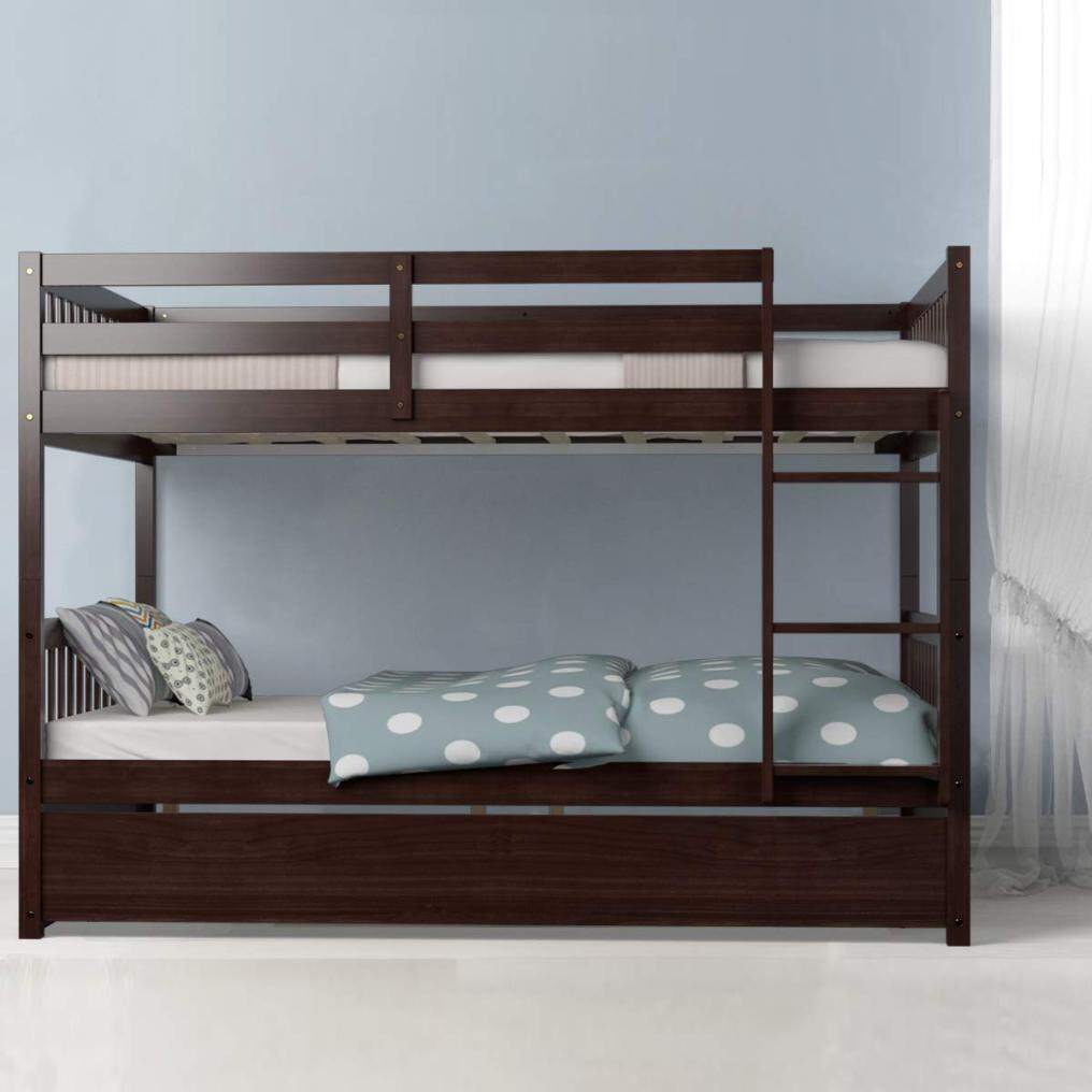Bunk Bed with Trundle, Full Over Full Bunk Beds with Ladder, Solid Wood Trundle Bed with Rails