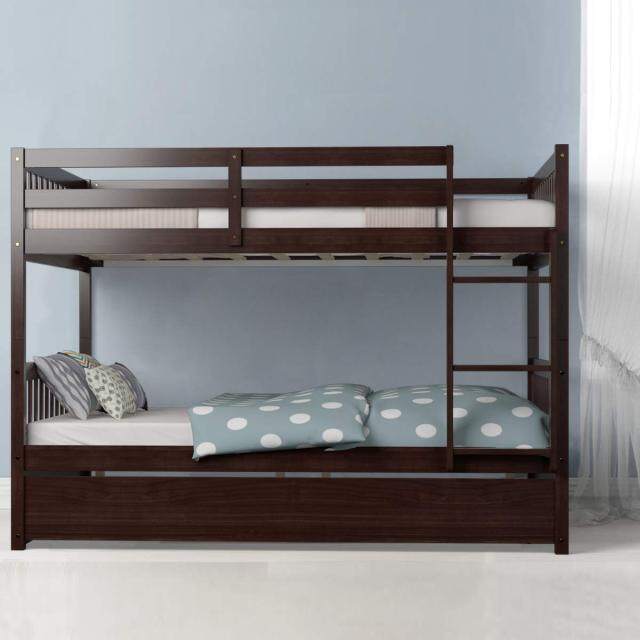 Bunk Bed with Trundle, Full Over Full Bunk Beds with Ladder, Solid Wood Trundle Bed with Rails