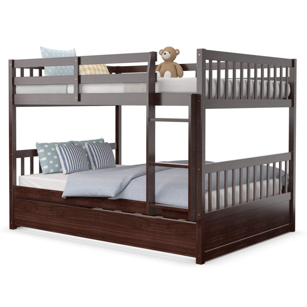 Bunk Bed with Trundle, Full Over Full Bunk Beds with Ladder, Solid Wood Trundle Bed with Rails