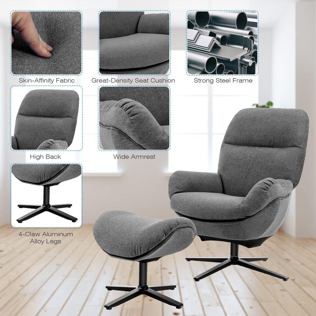 360 Swivel Upholstered Lounge Rocking Chair with Ottoman | Aluminum Alloy Base