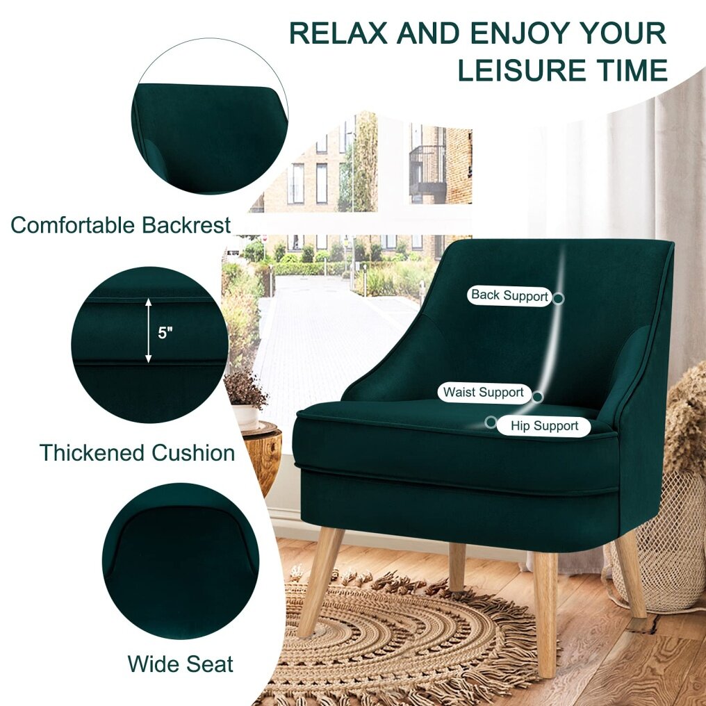 Velvet Accent Chair, Mid Century Single Sofa Chair w/Rubber Wood Legs, Comfy Slipper Chair