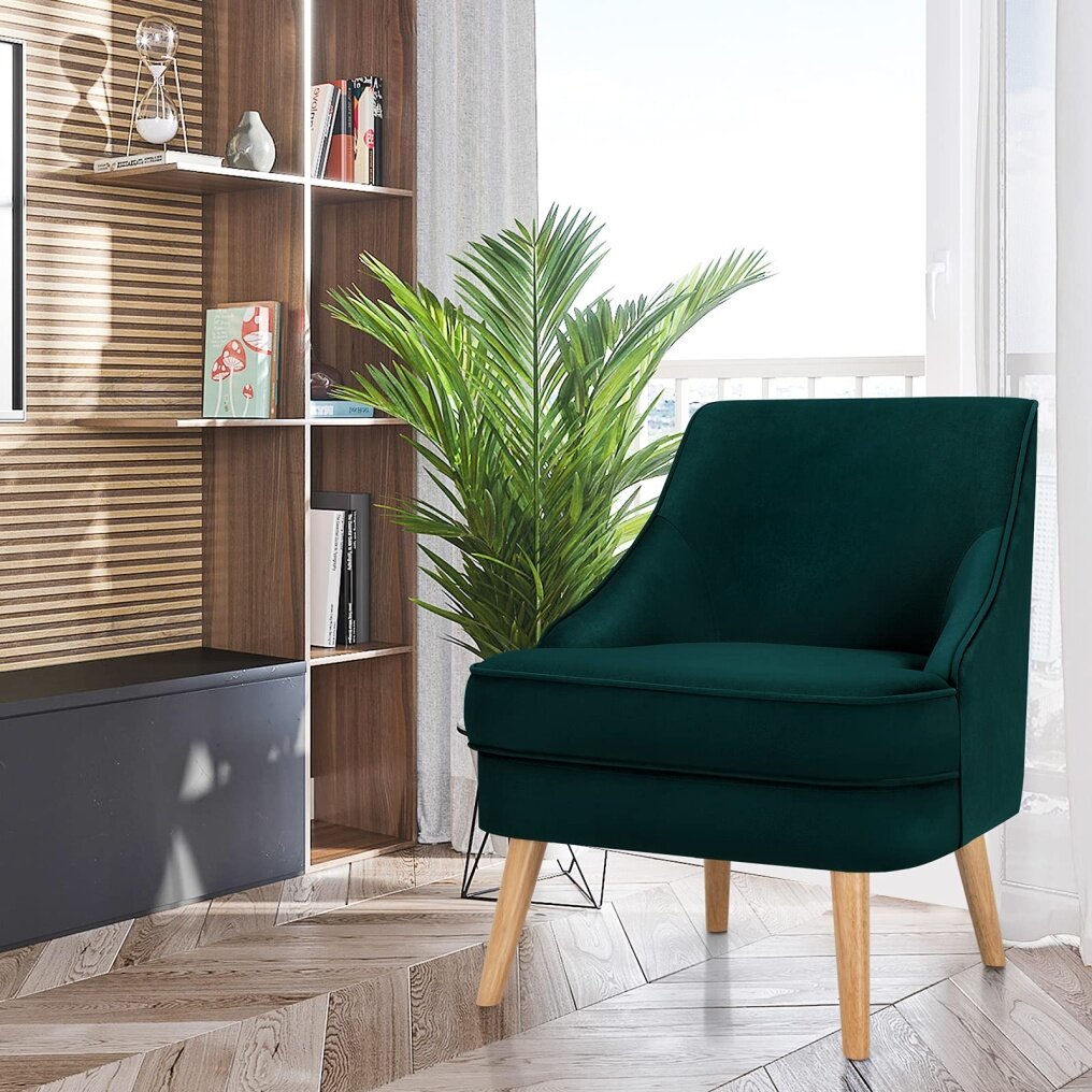 Velvet Accent Chair, Mid Century Single Sofa Chair w/Rubber Wood Legs, Comfy Slipper Chair