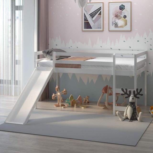 KOMFOTT Twin Loft Bed with Slide, Wood Low Loft Bed with Ladder & Guard Rail
