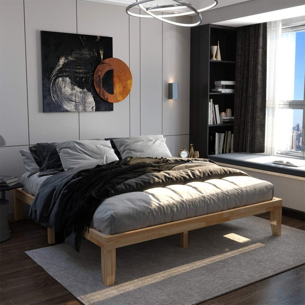 KOMFOTT 14 Inches Wood Platform Bed Frame, Solid Wood Mattress Foundation with Rubber Wood Frame