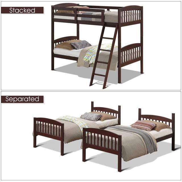 KOMFOTT Space-Saving Bunk Bed Convertible Into 2 Individual Beds, Solid Wood Bunk Bed Frame with Ladder & Safety Guardrails