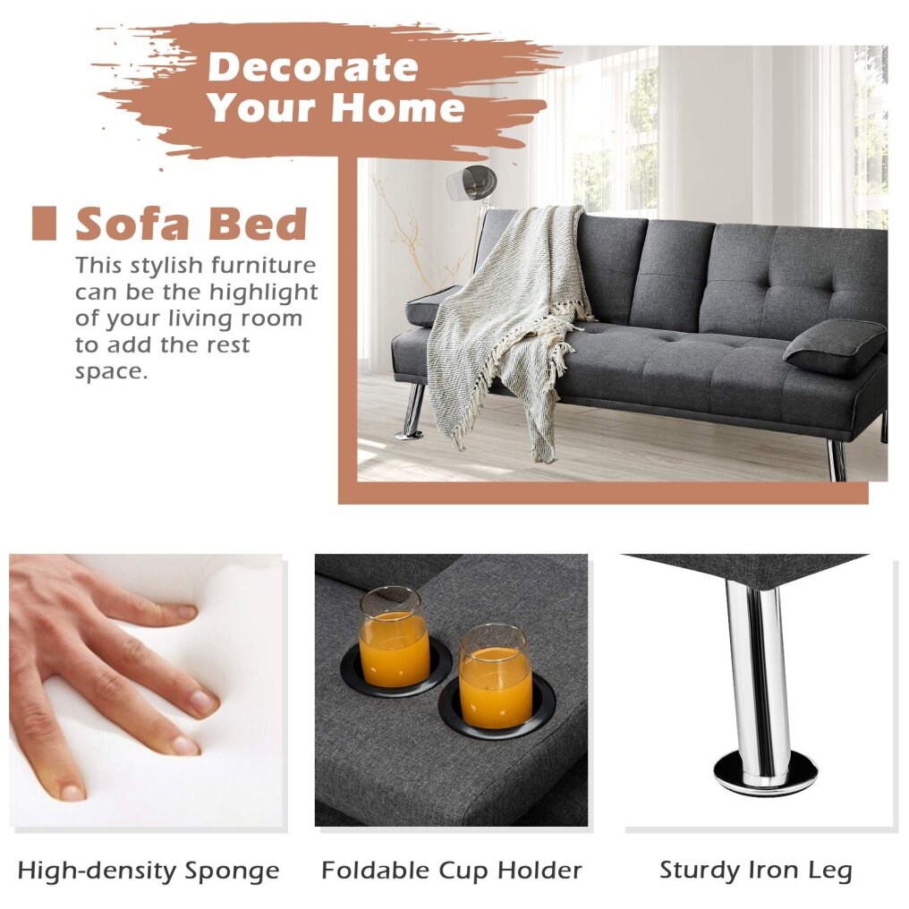 Modern Convertible Linen Upholstered Futon Sofa Bed w/ Metal Leg