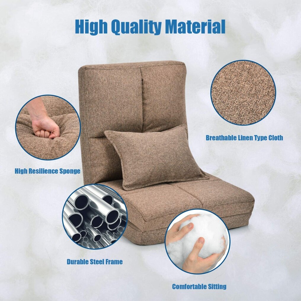 6-Position Reclining Backrest Convertible Floor Sofa Bed with One Pillow