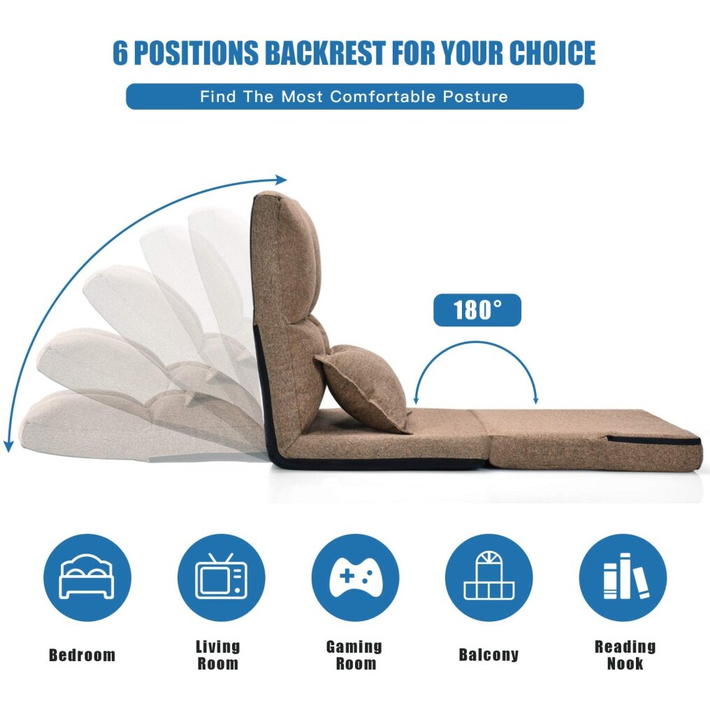 6-Position Reclining Backrest Convertible Floor Sofa Bed with One Pillow
