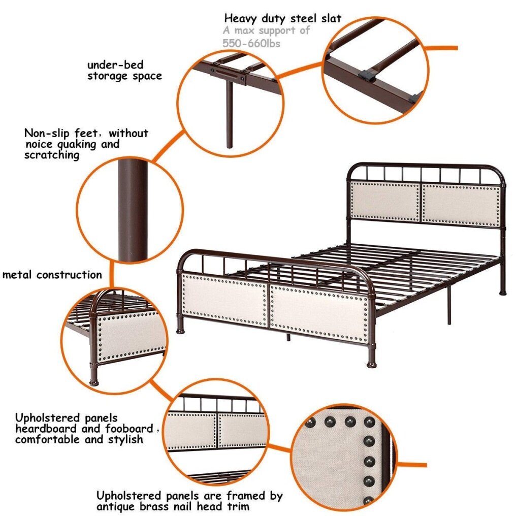 Metal Bed Frame, Full Size Bed Platform with Comfortable Upholstered Headboard and Footboard