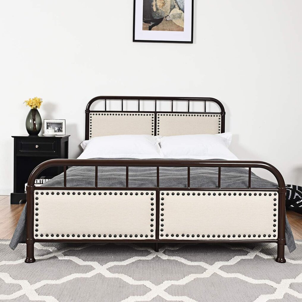 Metal Bed Frame, Full Size Bed Platform with Comfortable Upholstered Headboard and Footboard