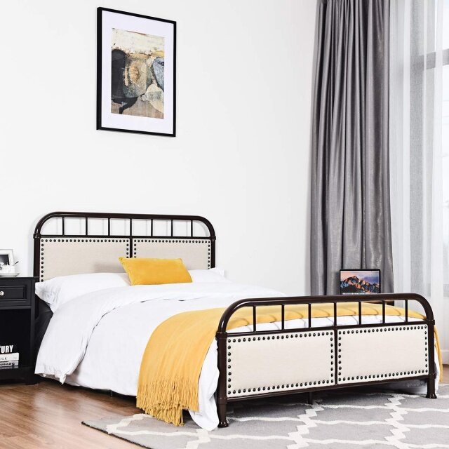 Metal Bed Frame, Full Size Bed Platform with Comfortable Upholstered Headboard and Footboard