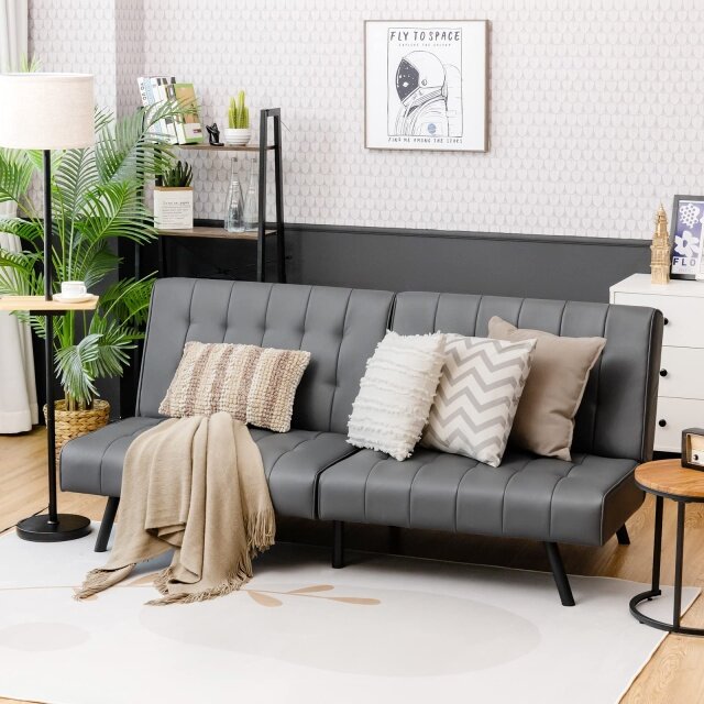 Faux Leather Guest Sofa Bed with Adjustable Backrest Design for Compact Space