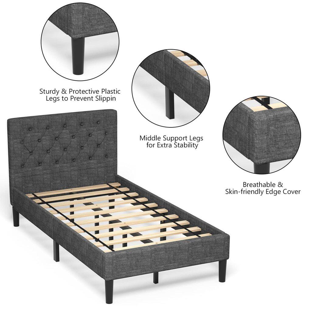 Twin Size Bed Frame, Button Stitched Headboard, Bed Mattress Foundation