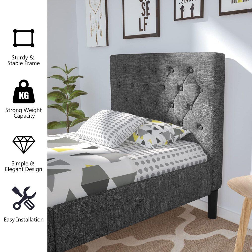 Twin Size Bed Frame, Button Stitched Headboard, Bed Mattress Foundation