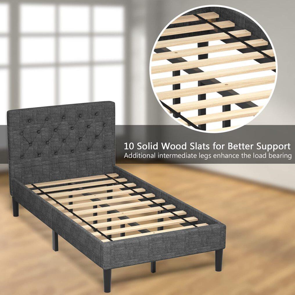 Twin Size Bed Frame, Button Stitched Headboard, Bed Mattress Foundation
