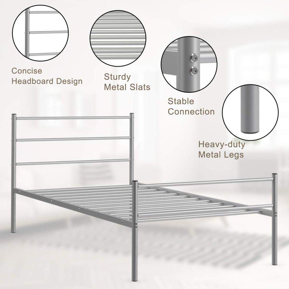 Metal Bed Frame Twin Size, Platform Bed with Headboard and Footboard (Silver)