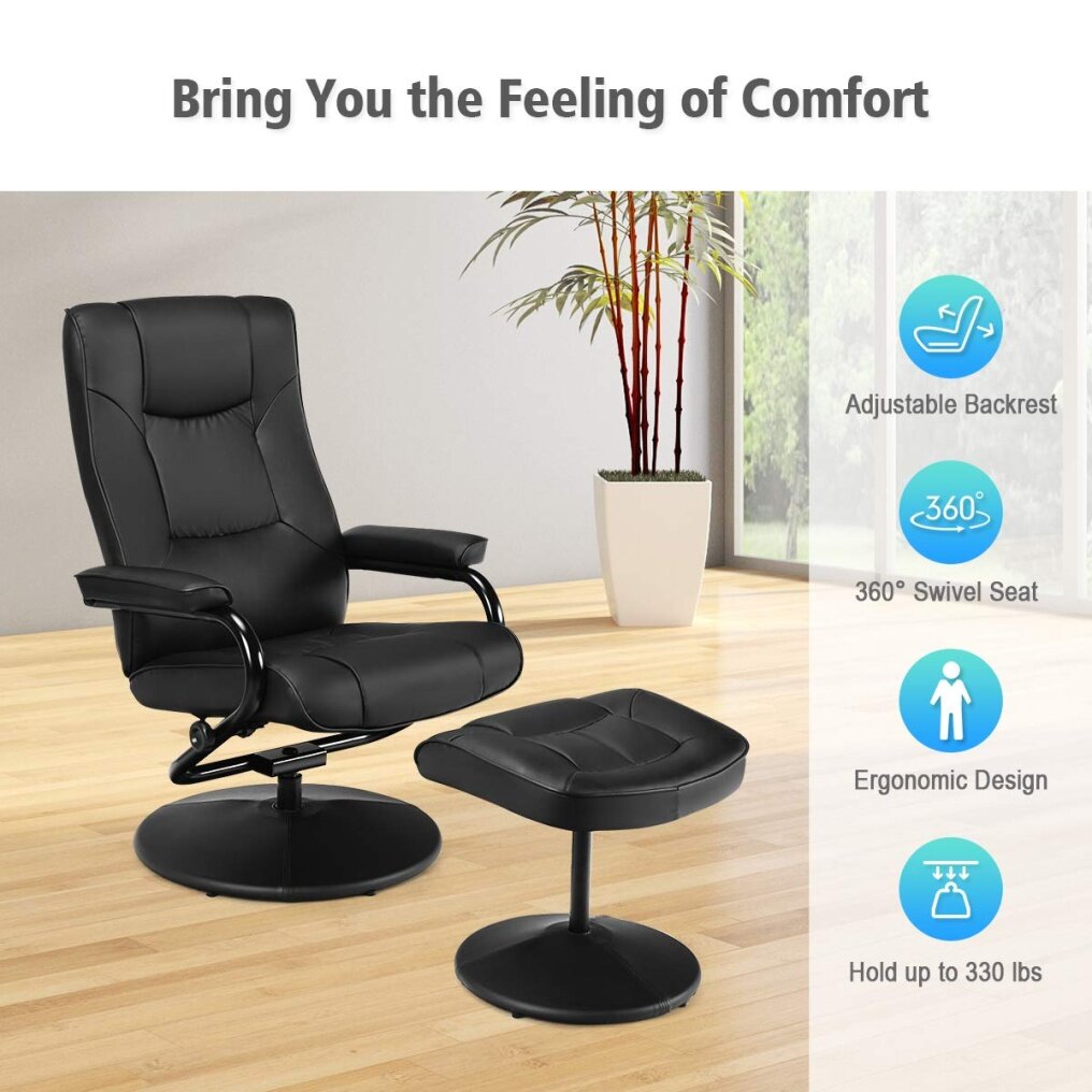 Komfott Recliner Chair w/Ottoman, 360 Degree Swivel PU Leather Armchair w/Footrest