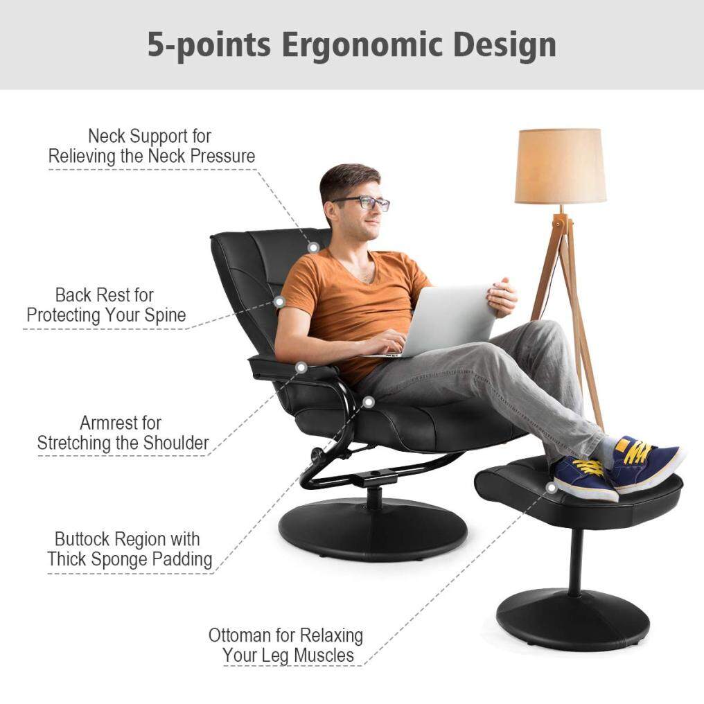 Komfott Recliner Chair w/Ottoman, 360 Degree Swivel PU Leather Armchair w/Footrest