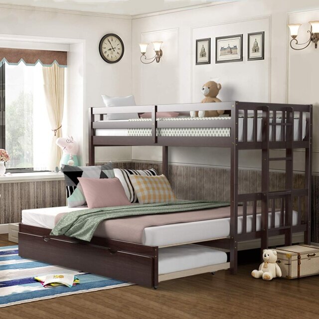 Over Pull-Out Bunk Bed with Trundle, Solid Wood Bunk Bed with Ladder