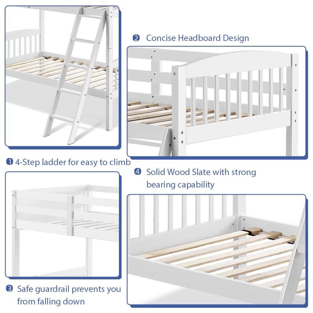 KOMFOTT Space-Saving Bunk Bed Convertible Into 2 Individual Beds, Solid Wood Bunk Bed Frame with Ladder & Safety Guardrails