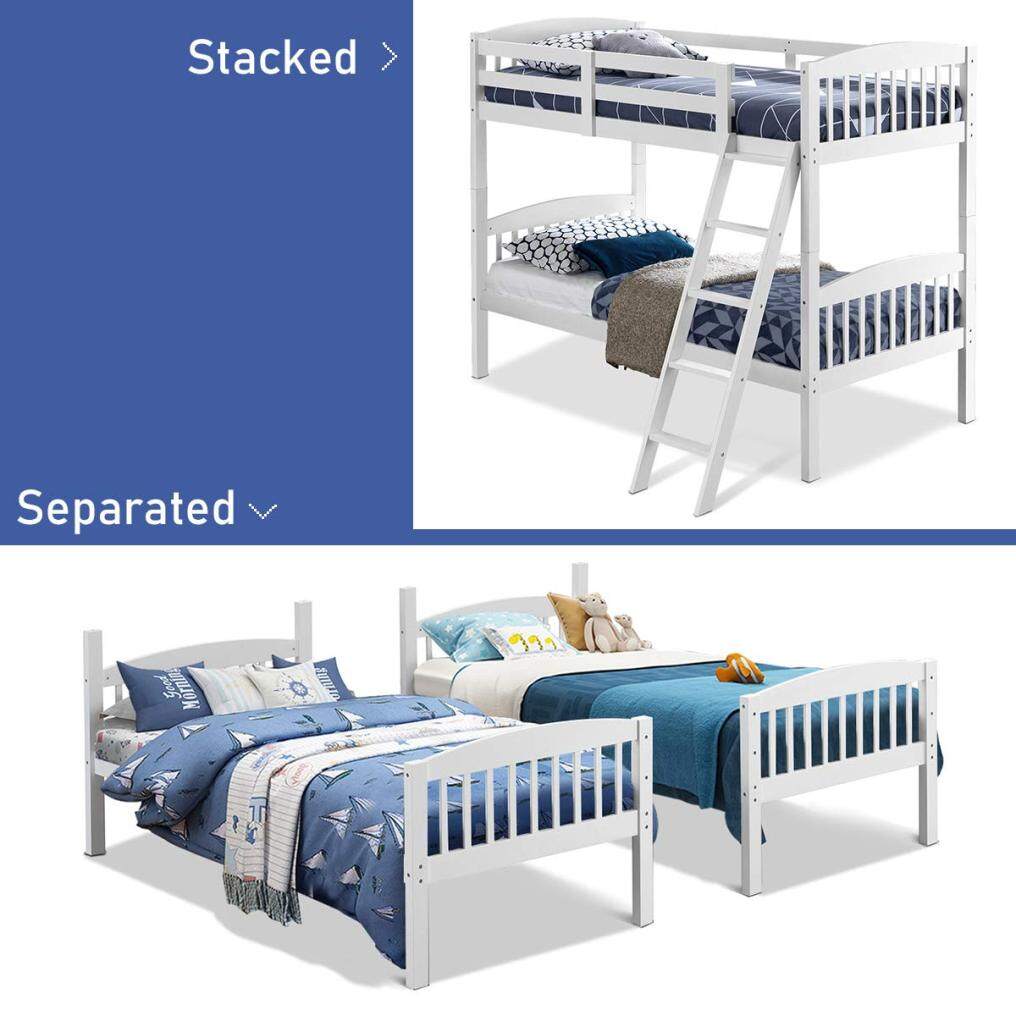 KOMFOTT Space-Saving Bunk Bed Convertible Into 2 Individual Beds, Solid Wood Bunk Bed Frame with Ladder & Safety Guardrails
