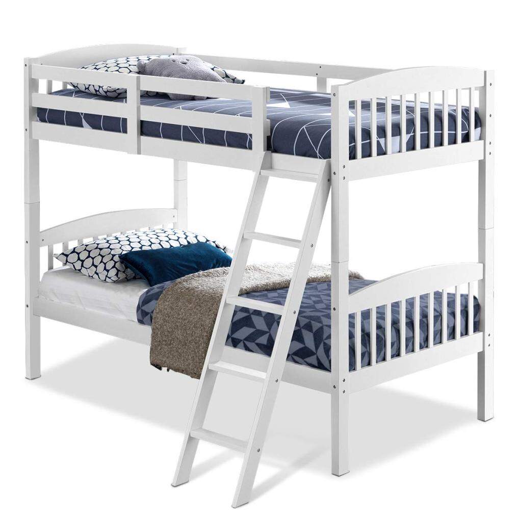 KOMFOTT Space-Saving Bunk Bed Convertible Into 2 Individual Beds, Solid Wood Bunk Bed Frame with Ladder & Safety Guardrails