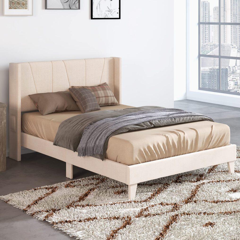 KOMFOTT Full/Queen Upholstered Bed Frame with Wingback Headboard