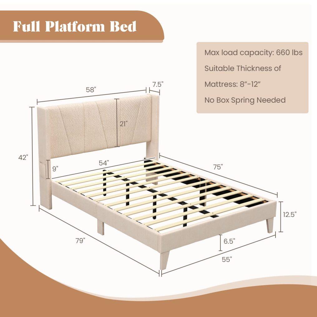 KOMFOTT Full/Queen Upholstered Bed Frame with Wingback Headboard