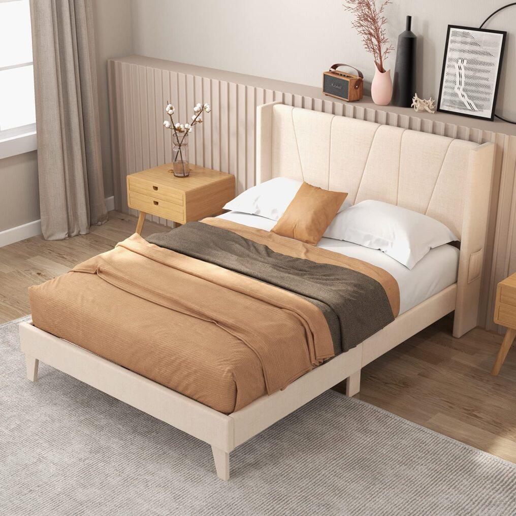 KOMFOTT Full/Queen Upholstered Bed Frame with Wingback Headboard