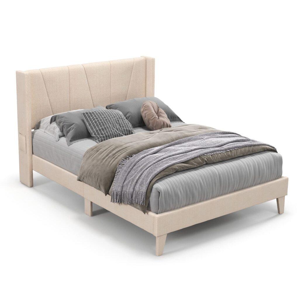 KOMFOTT Full/Queen Upholstered Bed Frame with Wingback Headboard
