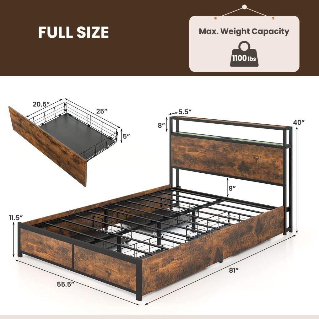 Bed Frame with LED Lights Headboard and 4 Storage Drawers, Metal Platform Bed with Outlets and USB Ports Charging Station