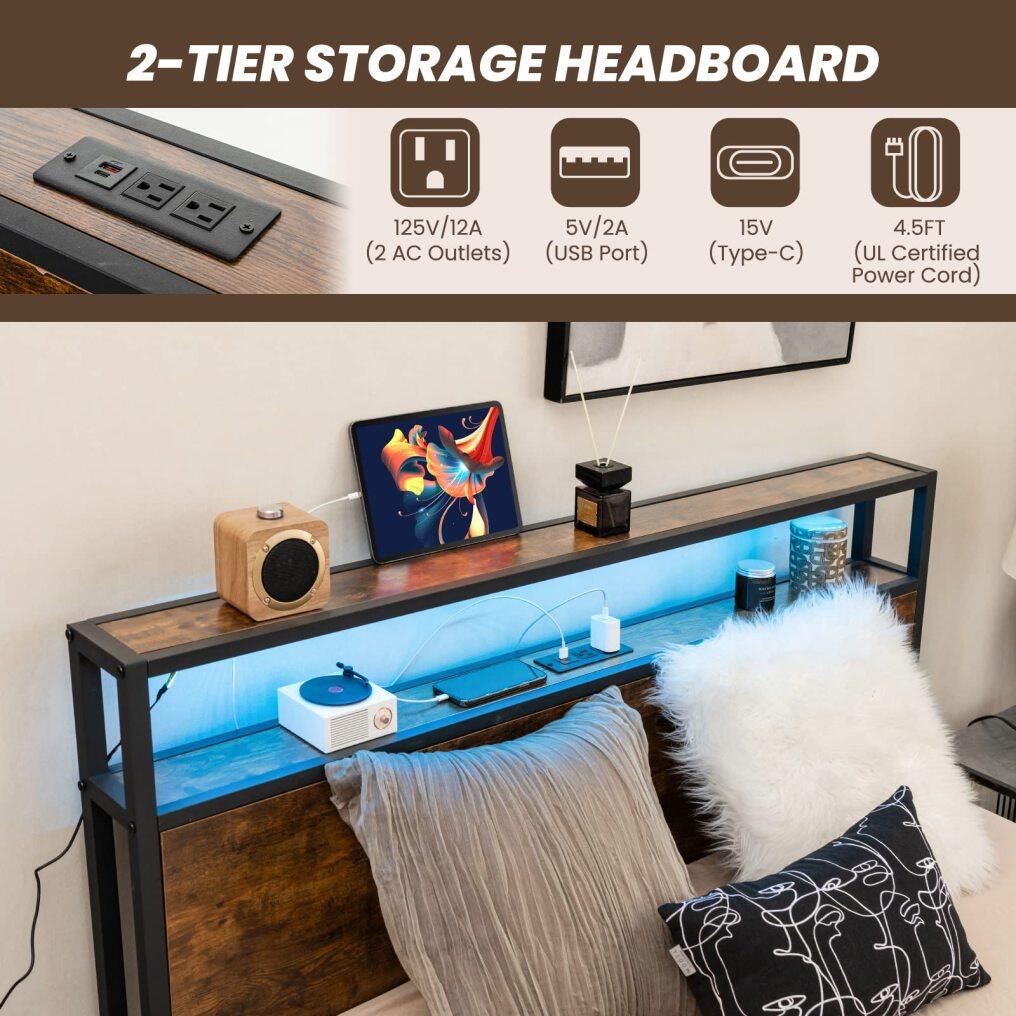 Bed Frame with LED Lights Headboard and 4 Storage Drawers, Metal Platform Bed with Outlets and USB Ports Charging Station