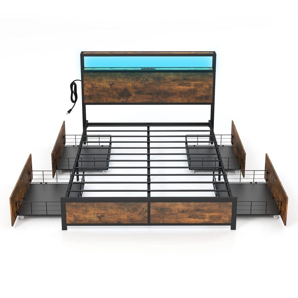 Bed Frame with LED Lights Headboard and 4 Storage Drawers, Metal Platform Bed with Outlets and USB Ports Charging Station
