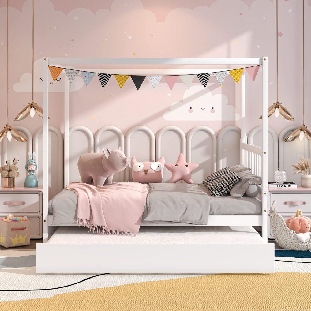 KOMFOTT Wood Canopy Bed with Trundle, Full Size Kids Solid Wood Platform Bed Frame with Headboard