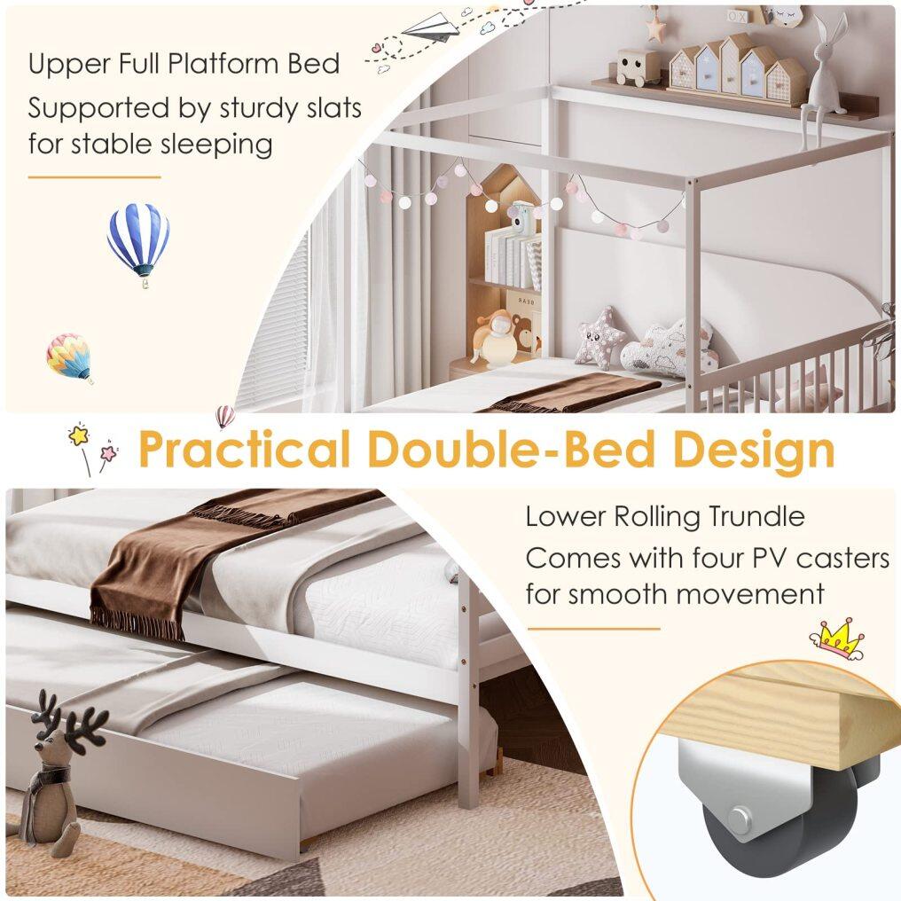 KOMFOTT Wood Canopy Bed with Trundle, Full Size Kids Solid Wood Platform Bed Frame with Headboard
