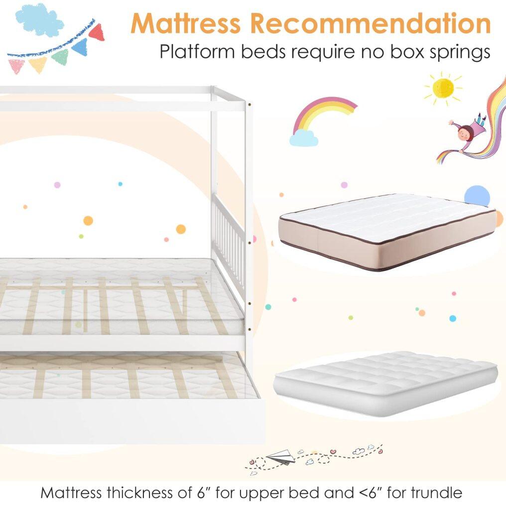 KOMFOTT Wood Canopy Bed with Trundle, Full Size Kids Solid Wood Platform Bed Frame with Headboard