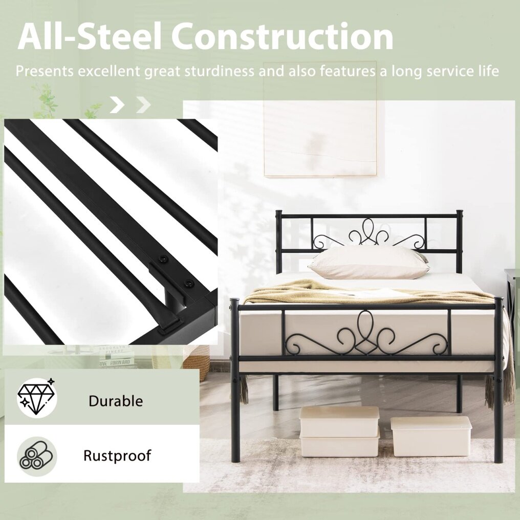 Metal Bed Frame, Modern Platform Bed w/ Decorative Headboard & Footboard