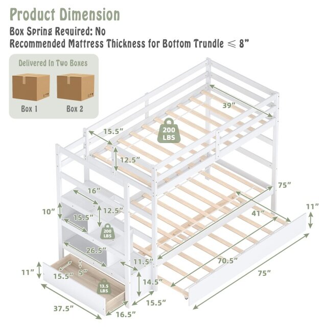 KOMFOTT Twin Over Twin Bunk Bed with Trundle & Staircase, Wooden Bunk Bed Frame with Storage Shelves & Drawer