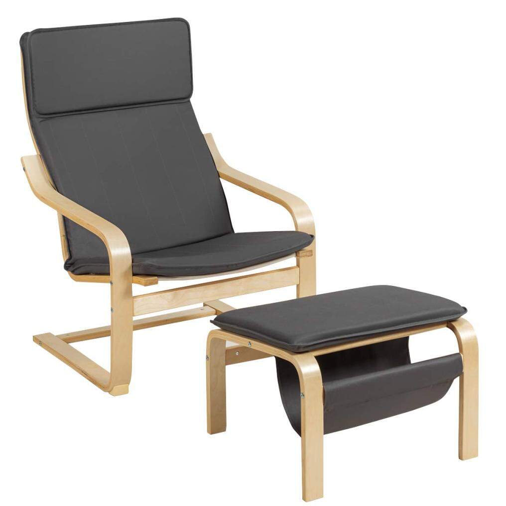 Wooden Lounge Chair with Ottoman, Modern Accent Armchair Leisure Chair with Removable Cushion