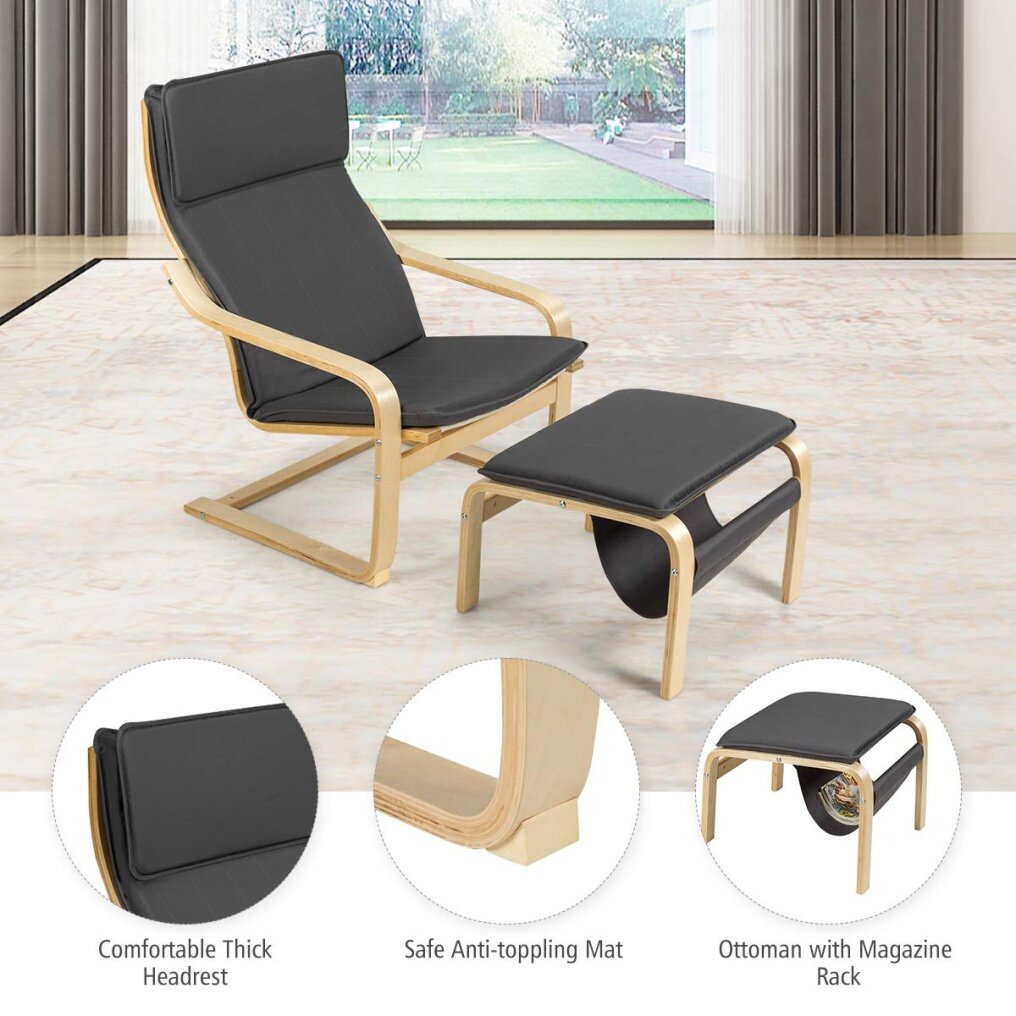 Wooden Lounge Chair with Ottoman, Modern Accent Armchair Leisure Chair with Removable Cushion