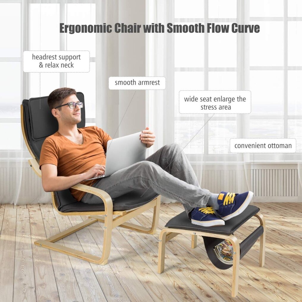 Wooden Lounge Chair with Ottoman, Modern Accent Armchair Leisure Chair with Removable Cushion