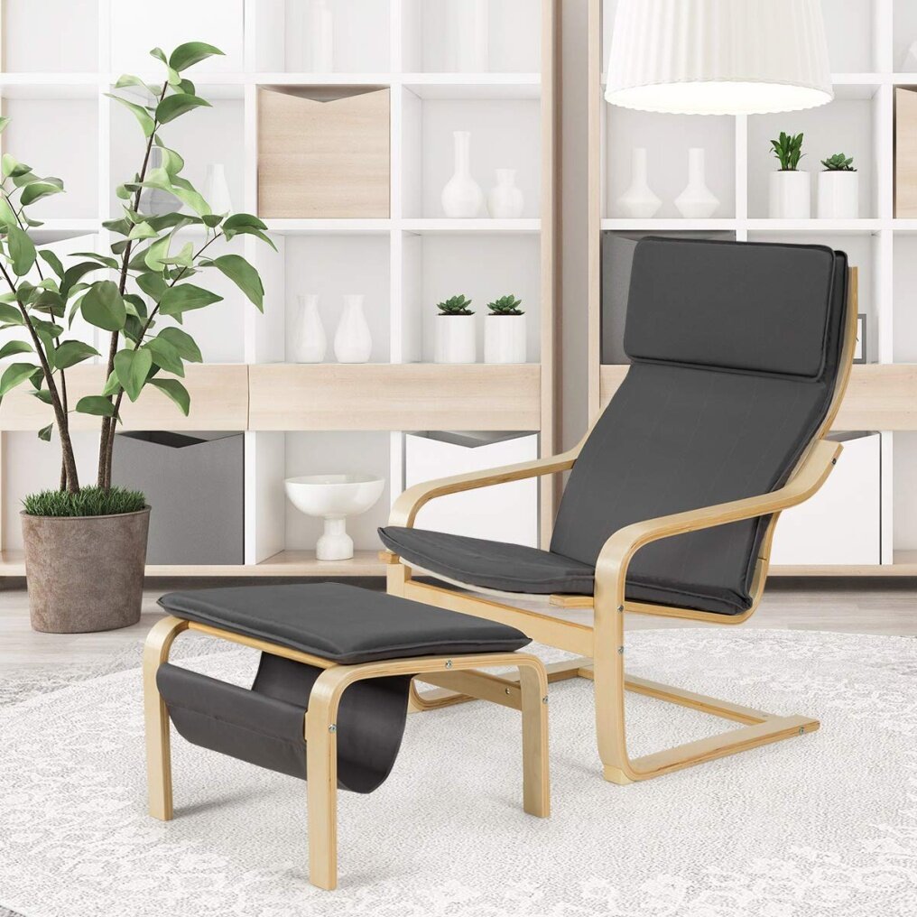 Wooden Lounge Chair with Ottoman, Modern Accent Armchair Leisure Chair with Removable Cushion