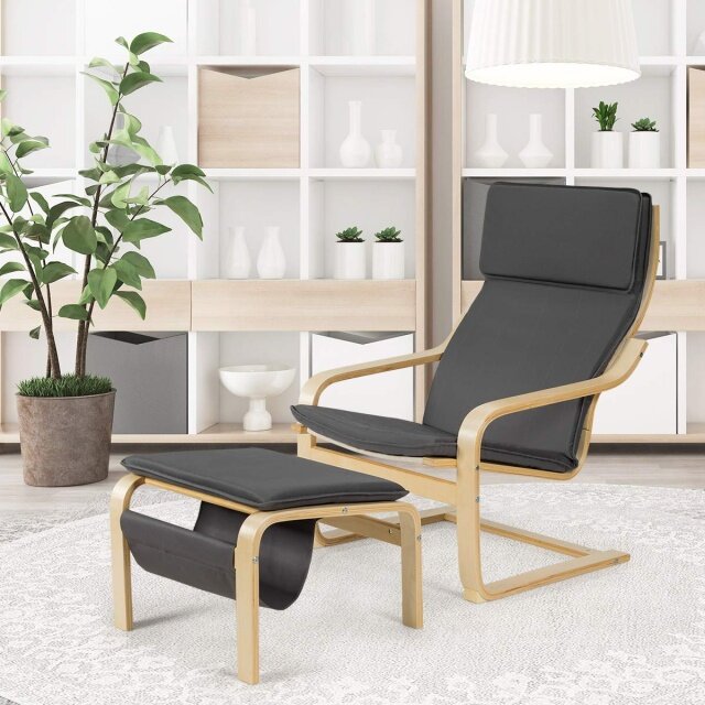 Wooden Lounge Chair with Ottoman, Modern Accent Armchair Leisure Chair with Removable Cushion