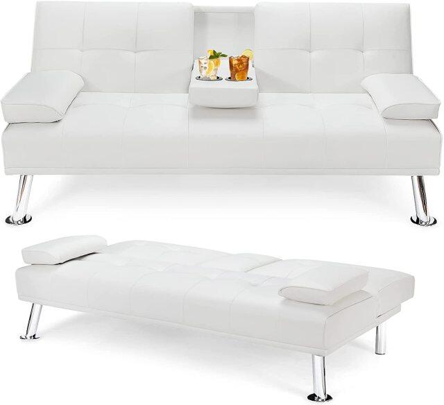 Convertible Futon Sofa Bed with Removable Armrests 2 Cup Holders for Guest