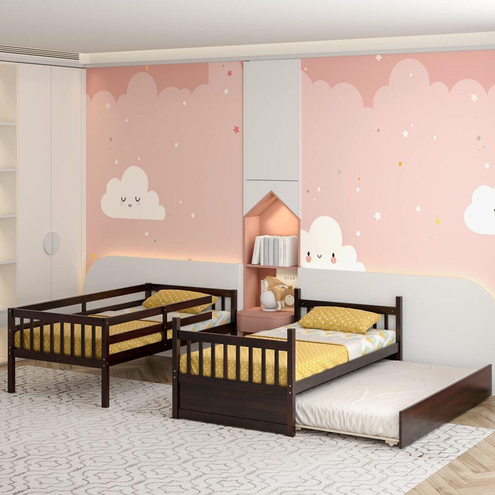 KOMFOTT Wood Bunk Bed with Trundle Twin Over Twin, Convertible Bed Frame with Ladder, Solid Wood Frame & Safety Guardrails