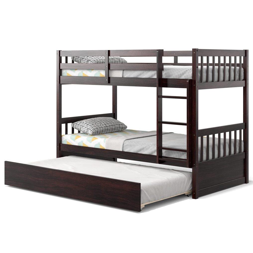 KOMFOTT Wood Bunk Bed with Trundle Twin Over Twin, Convertible Bed Frame with Ladder, Solid Wood Frame & Safety Guardrails