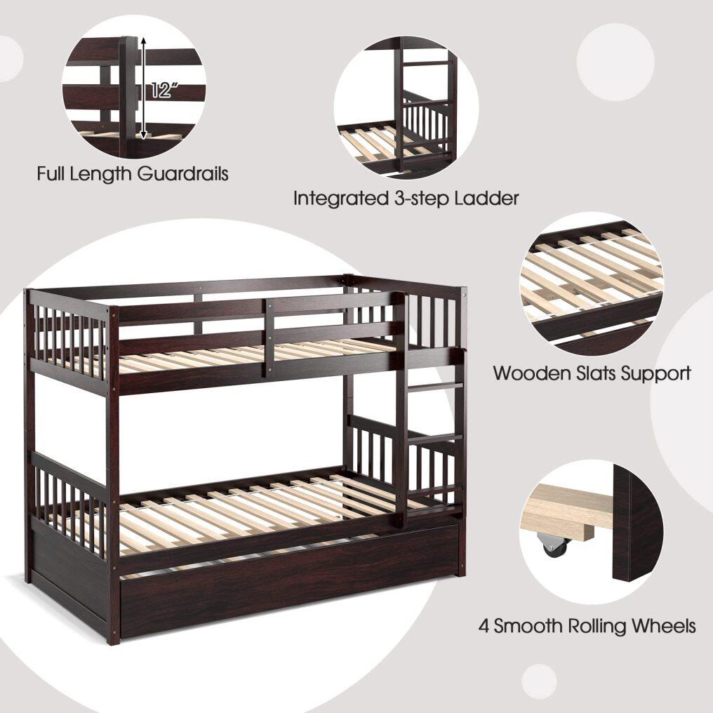 KOMFOTT Wood Bunk Bed with Trundle Twin Over Twin, Convertible Bed Frame with Ladder, Solid Wood Frame & Safety Guardrails