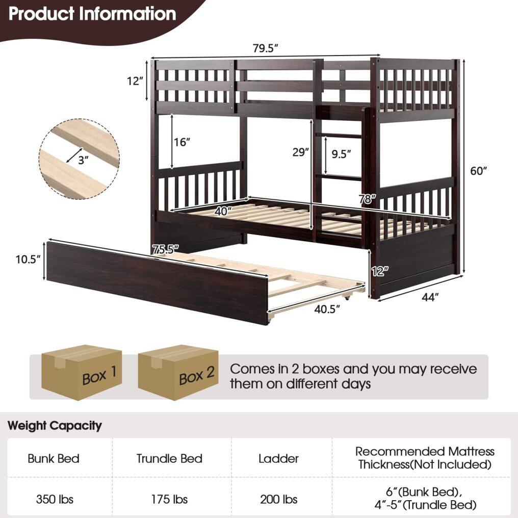 KOMFOTT Wood Bunk Bed with Trundle Twin Over Twin, Convertible Bed Frame with Ladder, Solid Wood Frame & Safety Guardrails